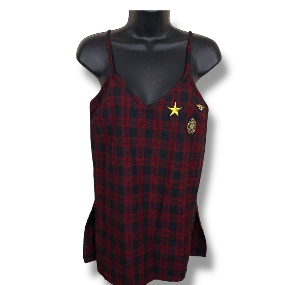 New Small Sam Edelman Burgundy Red Plaid Tank Top Patches Star Crest Academia